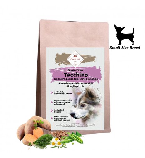 BeateVivo Grain Free Tacchino, Anatra, Patate Dolci, Aneto e Camomilla Puppy Small Size