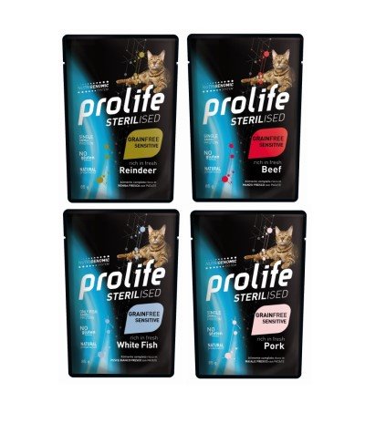 Prolife Kit Prova Sterilised Sensitive Gatti Adulti 8 pz. da 85 gr (contiene 2 bustine da 85 gr per gusto)