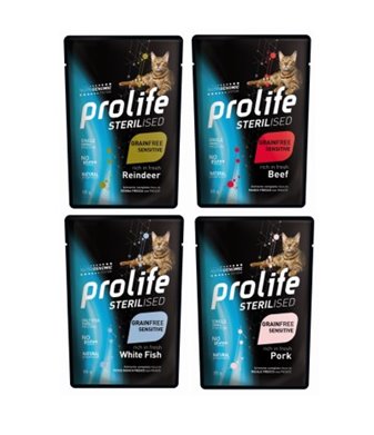 Prolife Kit Prova Sterilised Sensitive Gatti Adulti 8 pz. da 85 gr (contiene 2 bustine da 85 gr per gusto) cod. 801557904040300
